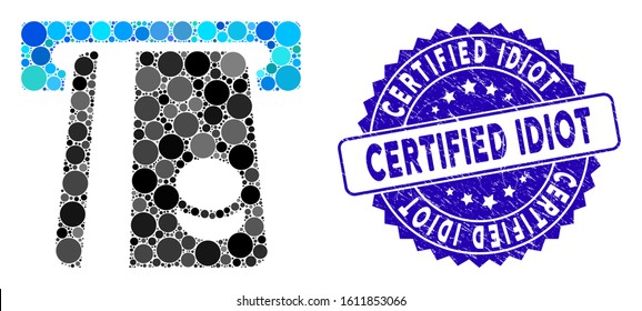 Mosaic automated banking service icon and rubber stamp seal with Certified Idiot phrase. Mosaic vector is composed with automated banking service icon and with randomized circle spots.