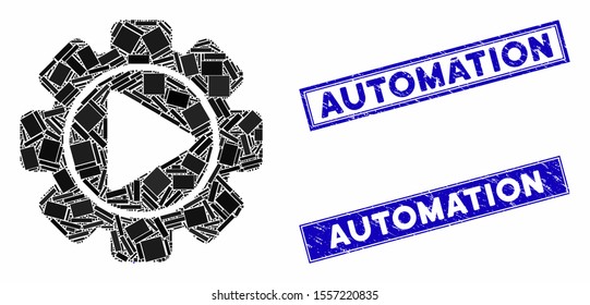 Mosaic automation pictogram and rectangle stamps. Flat vector automation mosaic pictogram of random rotated rectangle elements. Blue caption rubber seals with distress surface.