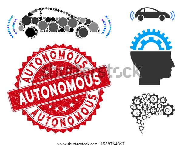 Mosaic autonomous car and circle seal stamp.\
Flat vector autonomous car mosaic of random circle elements. Red\
stamp imprint with grunge surface. Designed for political and\
patriotic projects.