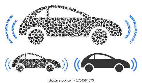 Icono de automóvil autónomo mosaico construido a partir de partes humedecidas en tamaños, posiciones y proporciones variables. Las manchas de humpy vectorial se agrupan en un icono abstracto de mosaico de auto autónomo.