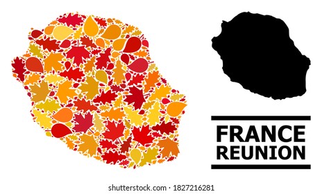 Mosaic autumn leaves and solid map of Reunion Island. Vector map of Reunion Island is designed with random autumn maple and oak leaves. Abstract geographic plan in bright gold, red,
