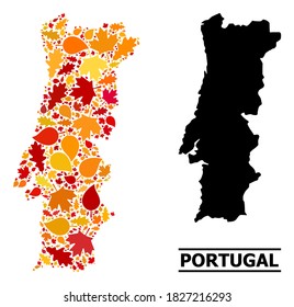 Mosaic autumn leaves and solid map of Portugal. Vector map of Portugal is constructed with random autumn maple and oak leaves. Abstract territory scheme in bright gold, red,