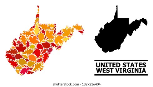 Mosaic autumn leaves and solid map of West Virginia State. Vector map of West Virginia State is designed with scattered autumn maple and oak leaves. Abstract territory scheme in bright gold, red,