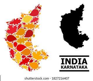 Mosaic autumn leaves and solid map of Karnataka State. Vector map of Karnataka State is formed with scattered autumn maple and oak leaves. Abstract territorial plan in bright gold, red,