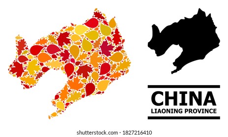 Mosaike Herbstblätter und feste Karte der Provinz Liaoning. Die Vektorkarte der Provinz Liaoning besteht aus verstreuten Herbstapel- und Eichenblättern. Abstraktes Gebietsschema in hellem Gold, Rot,