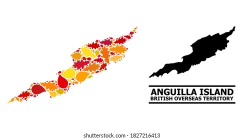 Mosaike Herbstblätter und eine solide Karte von Anguilla Island. Die Vektorkarte der Insel Anguilla ist aus zufälligen Herbstapel- und Eichenblättern gebaut. Abstraktes Gebietsschema in hellem Gold, Rot,