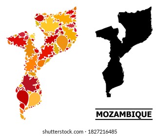 Hojas otoñales mosaicas y mapa sólido de Mozambique. El mapa vectorial de Mozambique está organizado a partir de hojas de arce y roble al azar del otoño. Resumen de plan geográfico en oro brillante, rojo,