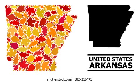 Hojas otoñales mosaicas y mapa sólido del estado de Arkansas. Mapa vectorial del estado de Arkansas compuesto por hojas de arce y roble otoñales al azar. Esquema geográfico abstracto en oro brillante, rojo,