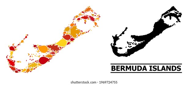 Hojas otoñales mosaicas y mapa sólido de las islas Bermudas. El mapa vectorial de las Islas Bermudas se forma a partir de hojas de arce y roble otoñales al azar. Régimen territorial abstracto en oro brillante, rojo,