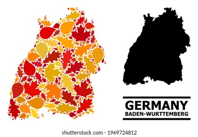 Mosaic autumn leaves and solid map of Baden-Wurttemberg State. Vector map of Baden-Wurttemberg State is made from randomized autumn maple and oak leaves. Abstract territorial scheme in bright gold,