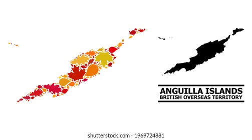 Mosaic autumn leaves and solid map of Anguilla Islands. Vector map of Anguilla Islands is made from randomized autumn maple and oak leaves. Abstract territory scheme in bright gold, red,