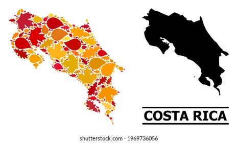 Mosaic autumn leaves and solid map of Costa Rica. Vector map of Costa Rica is composed with random autumn maple and oak leaves. Abstract territory scheme in bright gold, red,