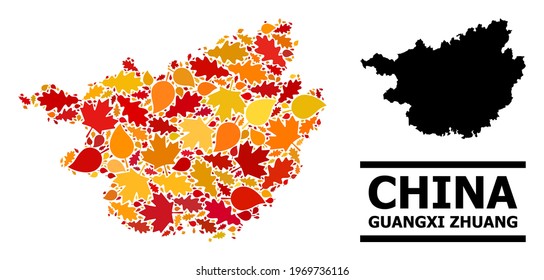 Mosaic autumn leaves and solid map of Guangxi Zhuang Region. Vector map of Guangxi Zhuang Region is made with randomized autumn maple and oak leaves. Abstract geographic plan in bright gold, red,