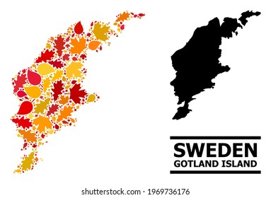 Mosaic autumn leaves and solid map of Gotland Island. Vector map of Gotland Island is shaped with randomized autumn maple and oak leaves. Abstract territorial scheme in bright gold, red,