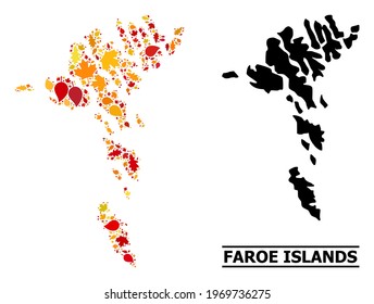 Mosaic autumn leaves and solid map of Faroe Islands. Vector map of Faroe Islands is constructed from random autumn maple and oak leaves. Abstract territorial scheme in bright gold, red,