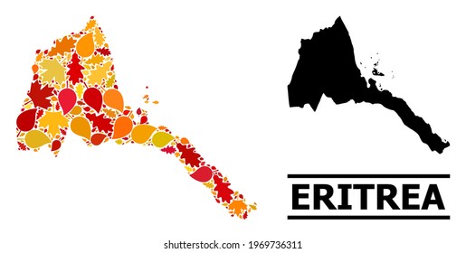 Mosaic autumn leaves and solid map of Eritrea. Vector map of Eritrea is shaped with randomized autumn maple and oak leaves. Abstract geographic scheme in bright gold, red,