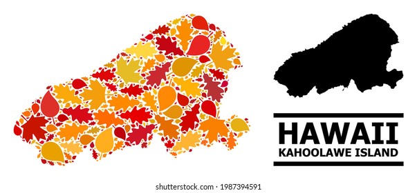 Mosaic autumn leaves and solid map of Kahoolawe Island. Vector map of Kahoolawe Island is made with randomized autumn maple and oak leaves. Abstract territory scheme in bright gold, red,