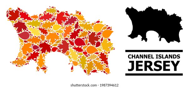 Mosaic autumn leaves and solid map of Jersey Island. Vector map of Jersey Island is formed of scattered autumn maple and oak leaves. Abstract geographic plan in bright gold, red,