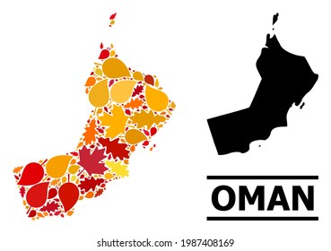 Mosaic autumn leaves and solid map of Oman. Vector map of Oman is organized from randomized autumn maple and oak leaves. Abstract territory scheme in bright gold, red, brown colors for map of Oman.