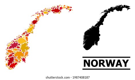 Mosaic autumn leaves and solid map of Norway. Vector map of Norway is done from scattered autumn maple and oak leaves. Abstract territorial plan in bright gold, red, brown colors for map of Norway.
