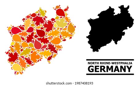 Mosaic autumn leaves and solid map of North Rhine-Westphalia State. Vector map of North Rhine-Westphalia State is organized with random autumn maple and oak leaves.