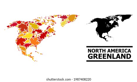 Mosaic autumn leaves and solid map of North America and Greenland. Vector map of North America and Greenland is constructed of scattered autumn maple and oak leaves.