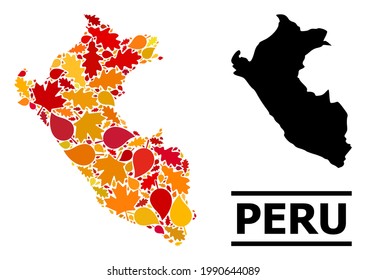 Mosaic autumn leaves and solid map of Peru. Vector map of Peru is designed with randomized autumn maple and oak leaves. Abstract geographic plan in bright gold, red, brown colors for map of Peru.