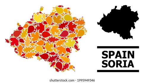 Mosaic autumn leaves and solid map of Soria Province. Vector map of Soria Province is shaped of randomized autumn maple and oak leaves. Abstract territory plan in bright gold, red,