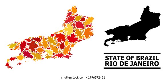 Mosaic autumn leaves and solid map of Rio de Janeiro State. Vector map of Rio de Janeiro State is designed of randomized autumn maple and oak leaves. Abstract territory plan in bright gold, red,