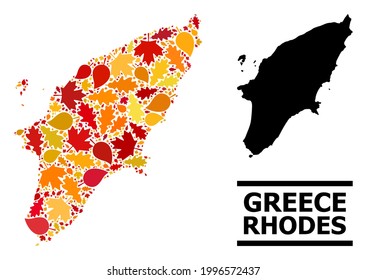 Mosaic autumn leaves and solid map of Rhodes Island. Vector map of Rhodes Island is designed from random autumn maple and oak leaves. Abstract territorial scheme in bright gold, red,