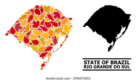 Hojas otoñales mosaicas y mapa sólido del estado de Rio Grande do Sul. El mapa vectorial del estado de Rio Grande do Sul está hecho de hojas de arce y roble otoñales al azar. Resumen del plan territorial en oro brillante, rojo,