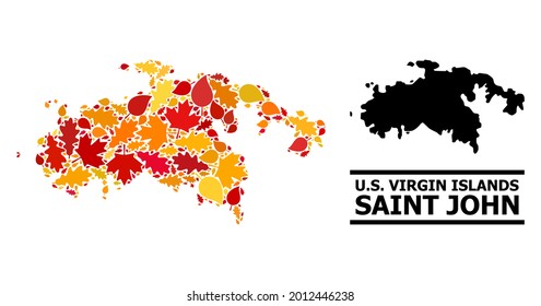 Mosaic autumn leaves and solid map of Saint John Island. Vector map of Saint John Island is constructed with random autumn maple and oak leaves. Abstract geographic scheme in bright gold, red,