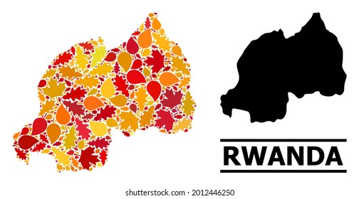 Mosaic autumn leaves and solid map of Rwanda. Vector map of Rwanda is done of random autumn maple and oak leaves. Abstract geographic plan in bright gold, red, brown colors for map of Rwanda.