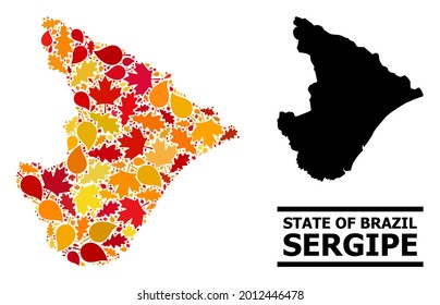 Mosaic autumn leaves and solid map of Sergipe State. Vector map of Sergipe State is done with random autumn maple and oak leaves. Abstract geographic plan in bright gold, red,