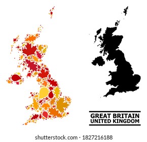 Mosaic autumn leaves and usual map of United Kingdom. Vector map of United Kingdom is made of randomized autumn maple and oak leaves. Abstract territory plan in bright gold, red,