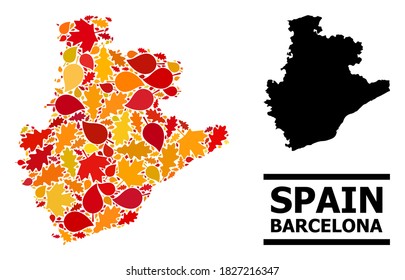Mosaic autumn leaves and usual map of Barcelona Province. Vector map of Barcelona Province is done from scattered autumn maple and oak leaves. Abstract territorial scheme in bright gold, red,