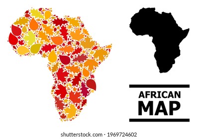 Mosaic autumn leaves and usual map of Africa. Vector map of Africa is organized with randomized autumn maple and oak leaves. Abstract geographic plan in bright gold, red,