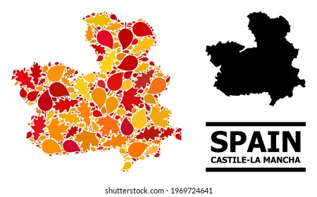 Mosaic autumn leaves and usual map of Castile-La Mancha Province. Vector map of Castile-La Mancha Province is done with random autumn maple and oak leaves. Abstract territorial plan in bright gold,