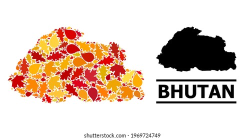 Mosaic autumn leaves and usual map of Bhutan. Vector map of Bhutan is organized with random autumn maple and oak leaves. Abstract territorial scheme in bright gold, red,