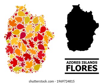 Mosaic autumn leaves and usual map of Azores - Flores Island. Vector map of Azores - Flores Island is designed with randomized autumn maple and oak leaves. Abstract territory plan in bright gold, red,