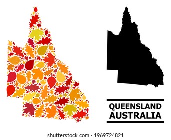 Mosaic autumn leaves and usual map of Australian Queensland. Vector map of Australian Queensland is constructed from randomized autumn maple and oak leaves. Abstract territory plan in bright gold,