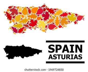 Mosaic autumn leaves and usual map of Asturias Province. Vector map of Asturias Province is composed from scattered autumn maple and oak leaves. Abstract territorial plan in bright gold, red,