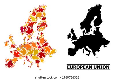Mosaic autumn leaves and usual map of Euro Union. Vector map of Euro Union is made from randomized autumn maple and oak leaves. Abstract geographic plan in bright gold, red,