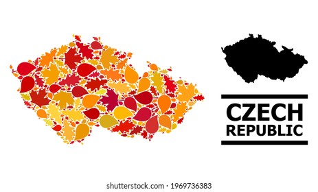 Mosaic autumn leaves and usual map of Czech Republic. Vector map of Czech Republic is made of random autumn maple and oak leaves. Abstract territorial scheme in bright gold, red,