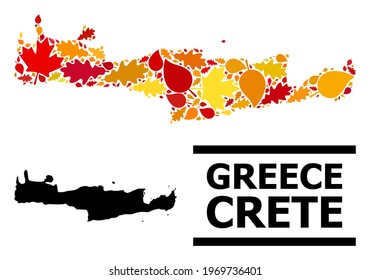 Mosaic autumn leaves and usual map of Crete Island. Vector map of Crete Island is made from scattered autumn maple and oak leaves. Abstract geographic scheme in bright gold, red,
