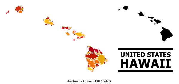 Mosaic autumn leaves and usual map of Hawaii State. Vector map of Hawaii State is organized from scattered autumn maple and oak leaves. Abstract territorial plan in bright gold, red,