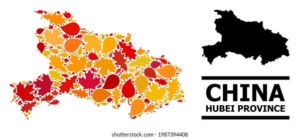 Mosaic autumn leaves and usual map of Hubei Province. Vector map of Hubei Province is done with randomized autumn maple and oak leaves. Abstract territory plan in bright gold, red,