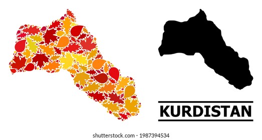 Mosaic autumn leaves and usual map of Kurdistan. Vector map of Kurdistan is designed of scattered autumn maple and oak leaves. Abstract territory scheme in bright gold, red,