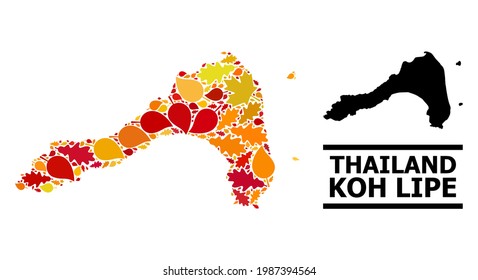 Mosaic autumn leaves and usual map of Koh Lipe. Vector map of Koh Lipe is done of randomized autumn maple and oak leaves. Abstract territory plan in bright gold, red, brown colors for map of Koh Lipe.
