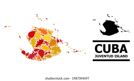 Mosaic autumn leaves and usual map of Juventud Island. Vector map of Juventud Island is organized with randomized autumn maple and oak leaves. Abstract territorial scheme in bright gold, red,